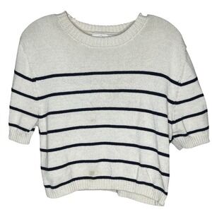 H&M Medium Striped Short Sleeve Knit Sweater Cream Navy Blue Nautical